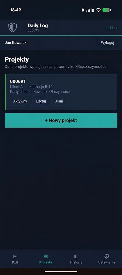 LogApp — lista projektów (dane przykładowe)