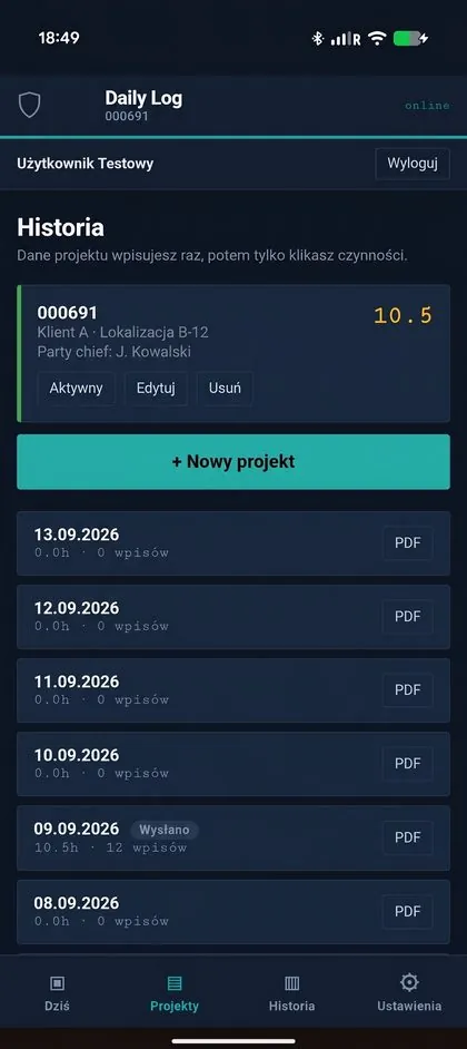 LogApp — historia i eksport PDF (dane przykładowe)