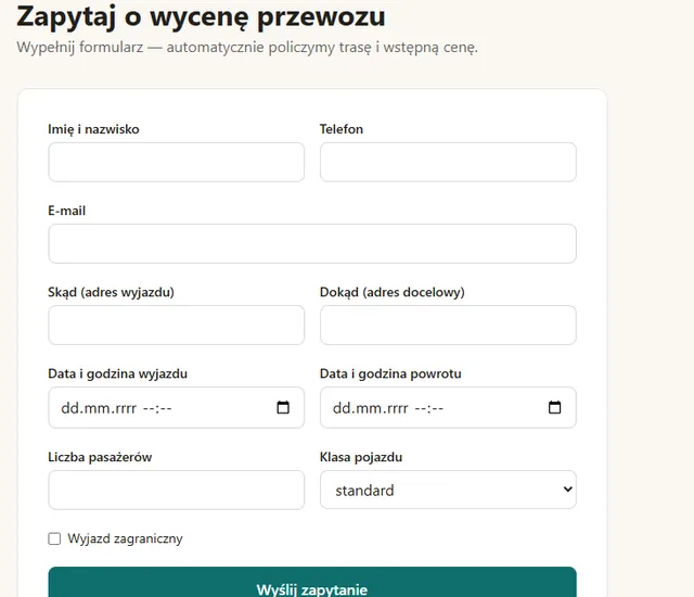 Przewozy autokarowe — formularz wyceny klienta (dane przykładowe)